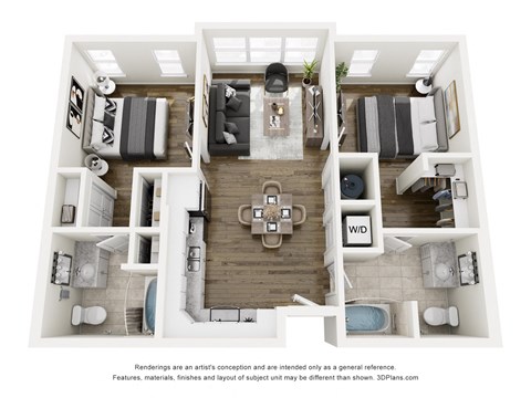 Floor plan for 2 beds, 2 baths, 907 sqft